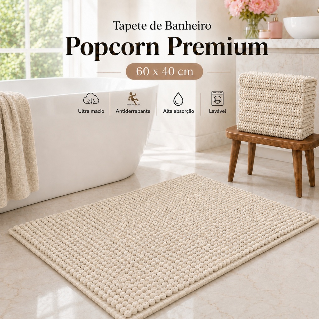 Tapete Bege Claro Banheiro Popcorn 60x40 Microfibra Bolinha Antiderrapante Macio Absorvente Saída Box