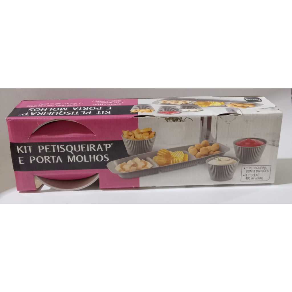 Kit Petisqueira E 3 Potes De Plástico Resistente Cinza Moderno Mesa Posta Servir Petiscos Petiscos