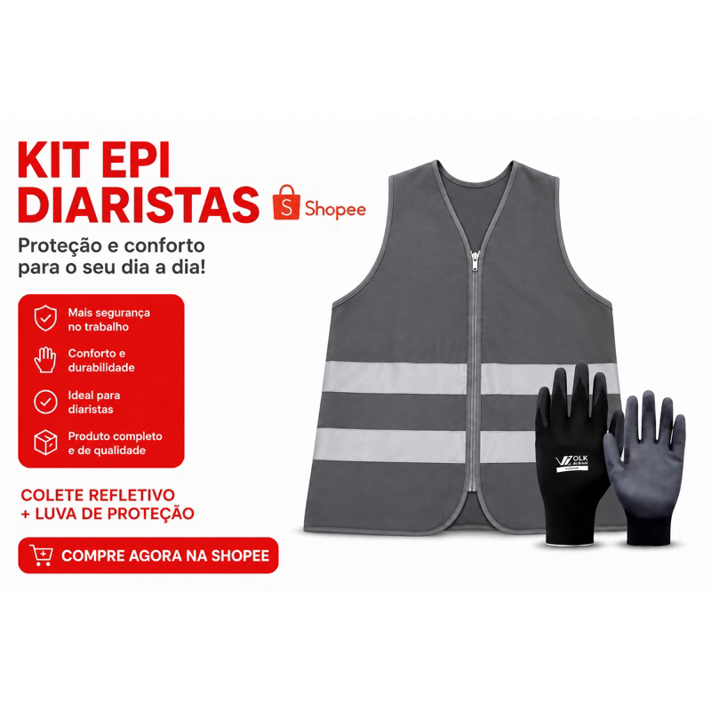 Colete Refletivo Cinza + Luva PU preta (diaristas Shopee).