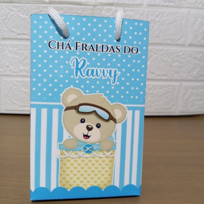 Sacolinha Personalizada Ursinho Baloeiro Azul | Chá de Bebê Menino Lembrancinha Ursinho Aviator