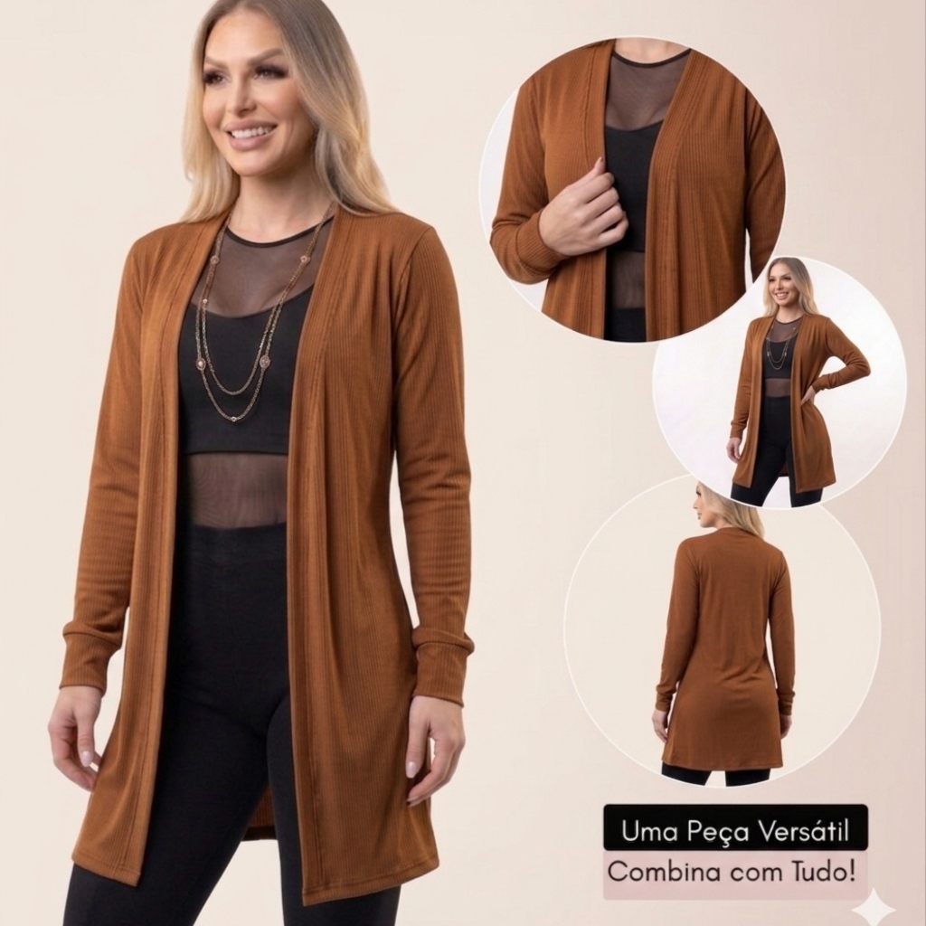 Detalhes do Cardigan Feminino Canelado Longo Casaco Frio Manga Longa Sobre Tudo
