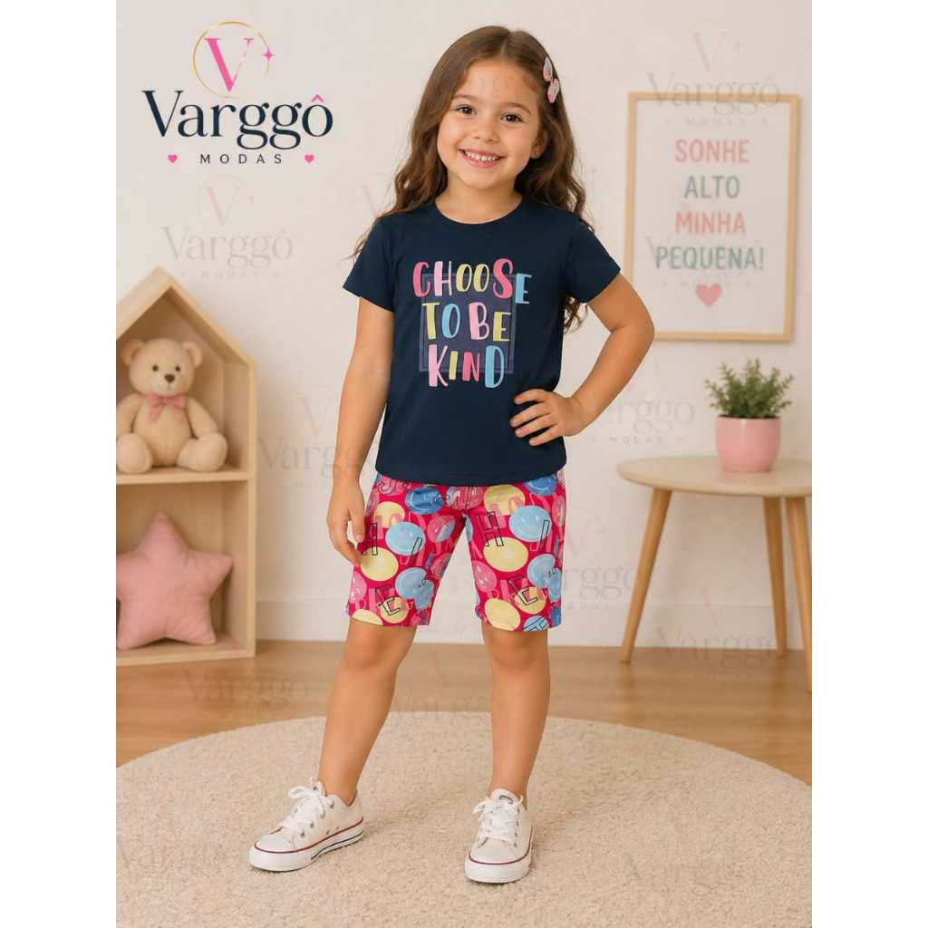 Conjunto Infantil Elian Verão Feminino Blusa e Bermuda Estampada Colorida