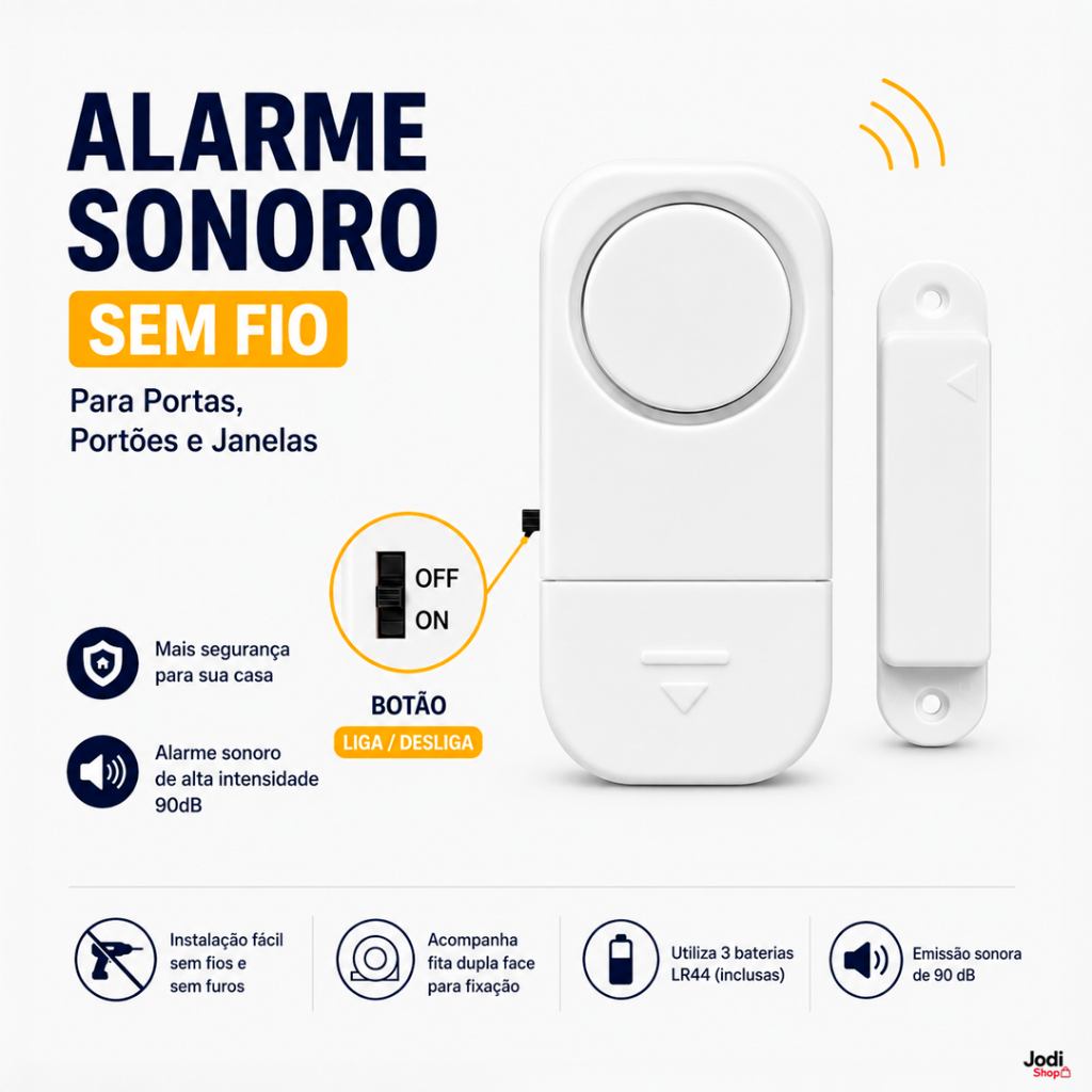 Alarme Sonoro Magnético Sem Fio para Portas e Janelas com Som Alto 90 dB