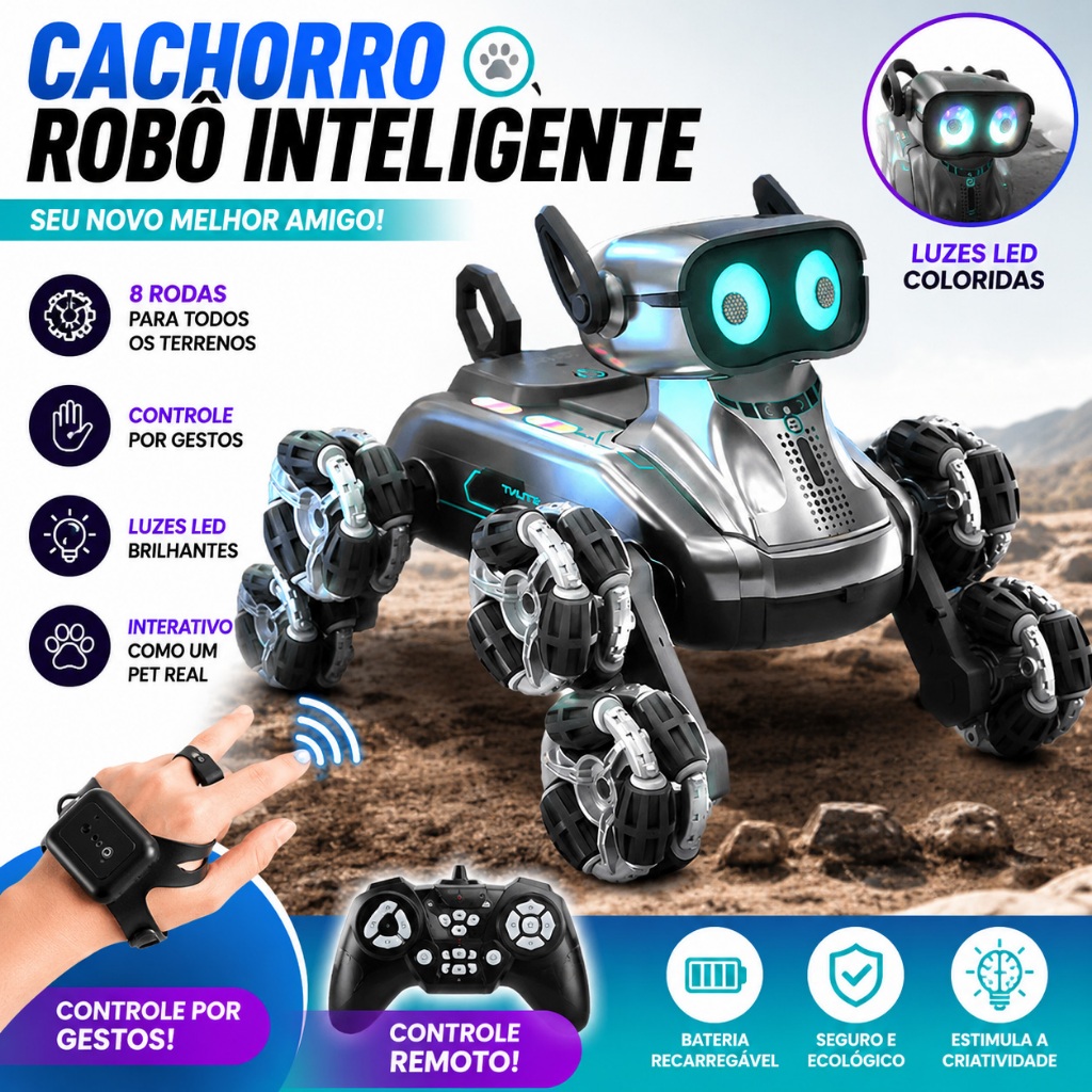 Cachorro Robô Inteligente Controle Remoto e Sensor de Gestos 8 Rodas LED Recarregável