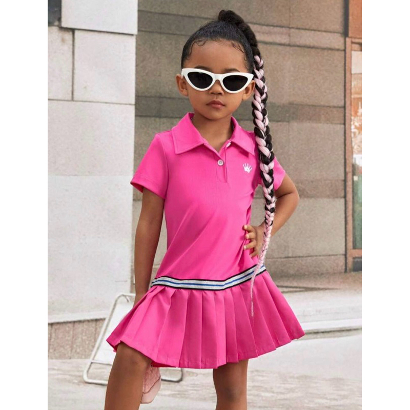 Vestido gola polo pink coroa Meninas Da Criança Gráfica Letra Bainha Pregueada