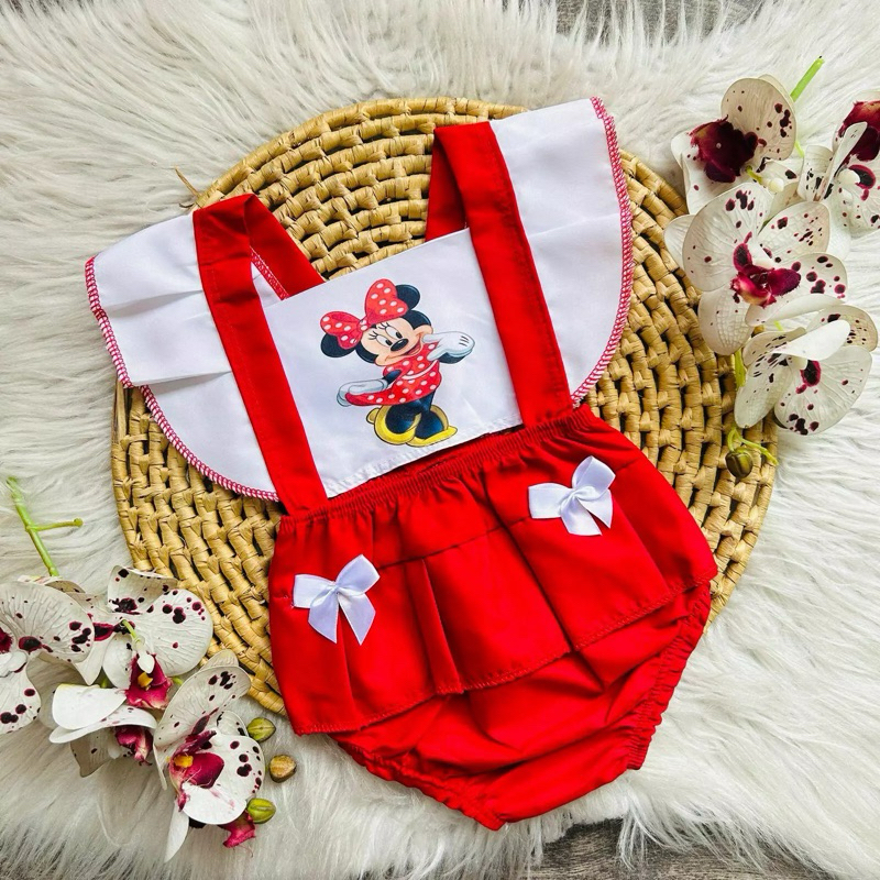 Jardineira Body Romper Bebê Minnie Fantasia mesversário