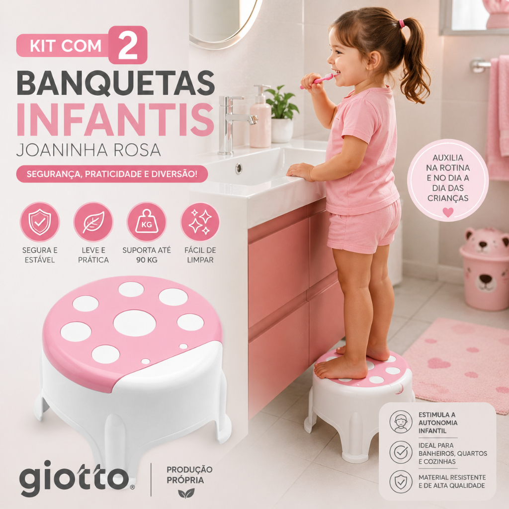 Kit 2 Banquinho Infantil Banco menina Reforçado Empilhável Rosa Criança Banqueta Até 90kg