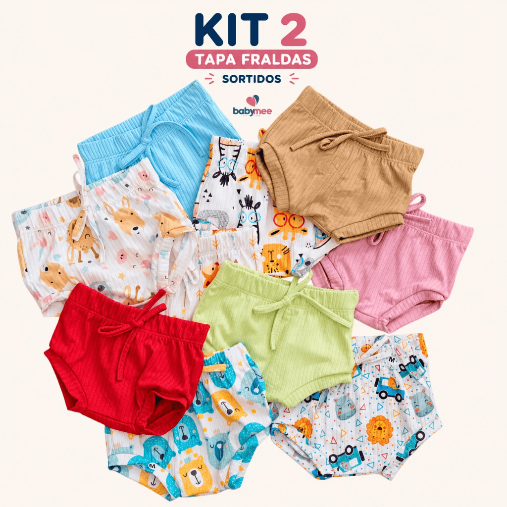 Kit 2 Tapa Fralda Shorts Sortido Canelado Bebê Liso e Estampado Menina ou Menino