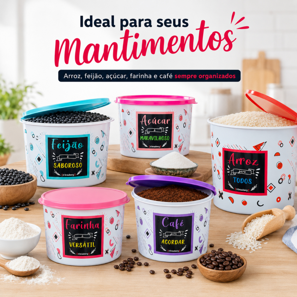 Kit Jogo Potes de Mantimentos 5 Pecas Armazenamento Decorado Casa Cozinha