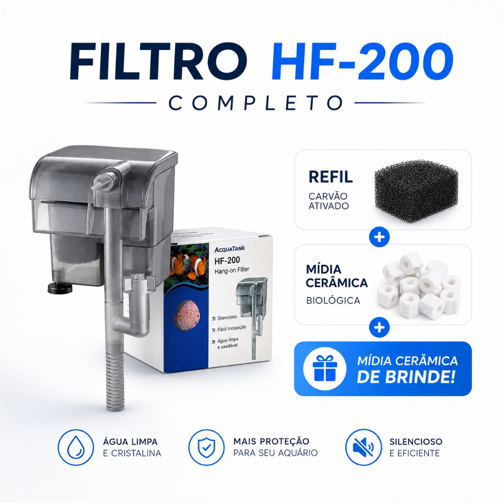 Kit Filtro externo HF-200 Hang -on aquário até 40l cascata + Refil + Midia Biologica
