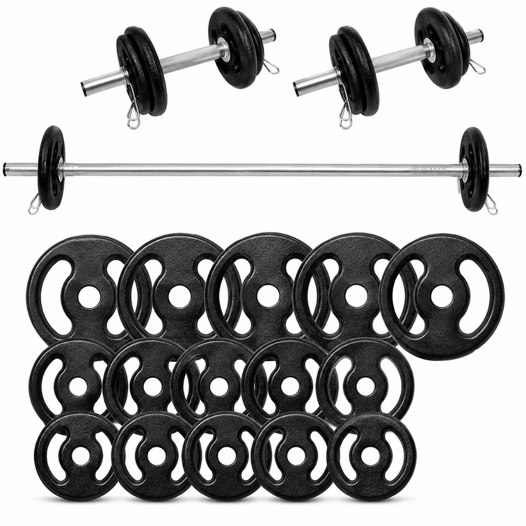 Kit 200kg Anilhas Injetadas + Barra W + Presilhas Musculação