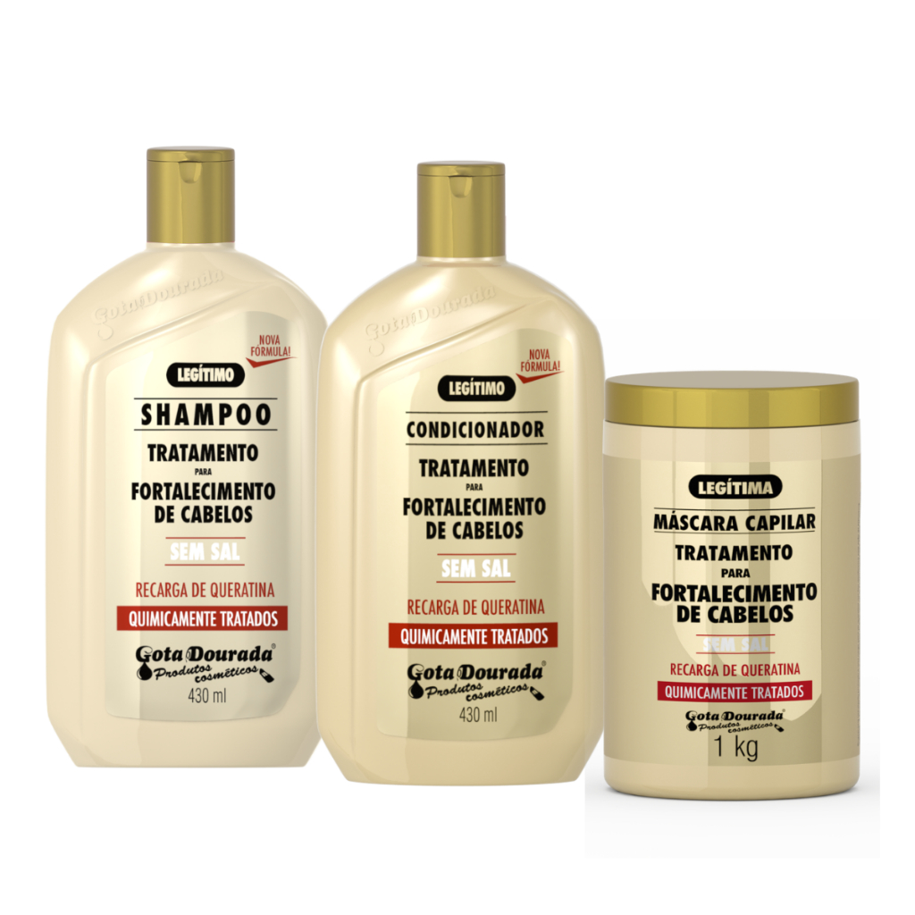Kit Gota Dourada Quimicamente Tratados Shampoo e Condicionador 430ml  e Máscara Recarga Queratina 1Kg