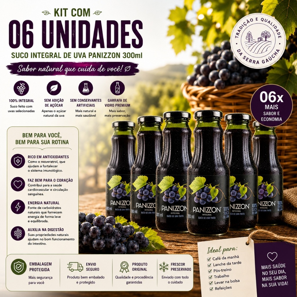 KIT 6UN Suco De Uva Integral Panizzon 300 ml sem açucares e conservantes