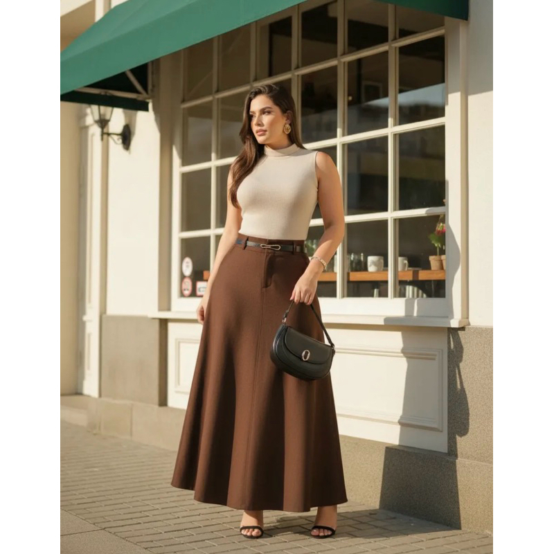 Saia Longa Alfaiataria Rodada Feminina Com Cinto Moda Evangelica Godê