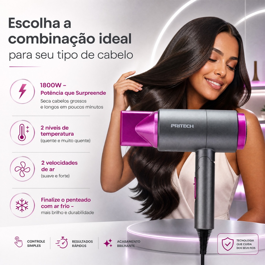 Secador de Cabelo Dobrável Retrátil Pritech Viagens 127v IP20 1800W
