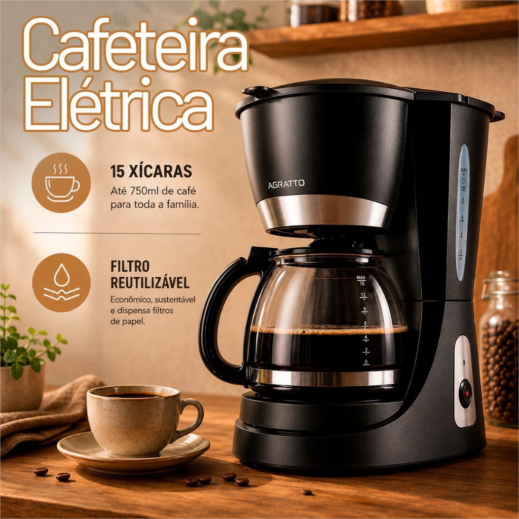 Cafeteira Elétrica Pequena Cafeteira Preta Elétrica 15x Cafeteira Jarro de Vidro 127V Maquina Café