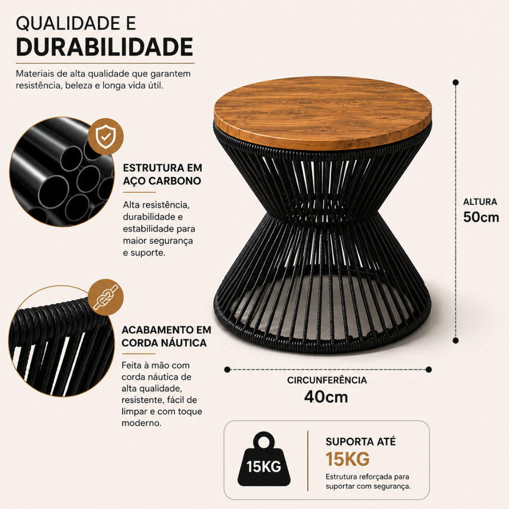 Mesa De Centro Redonda Ampulheta Em Corda Náutica Varanda Sacada Sala — imagem 2 de 2