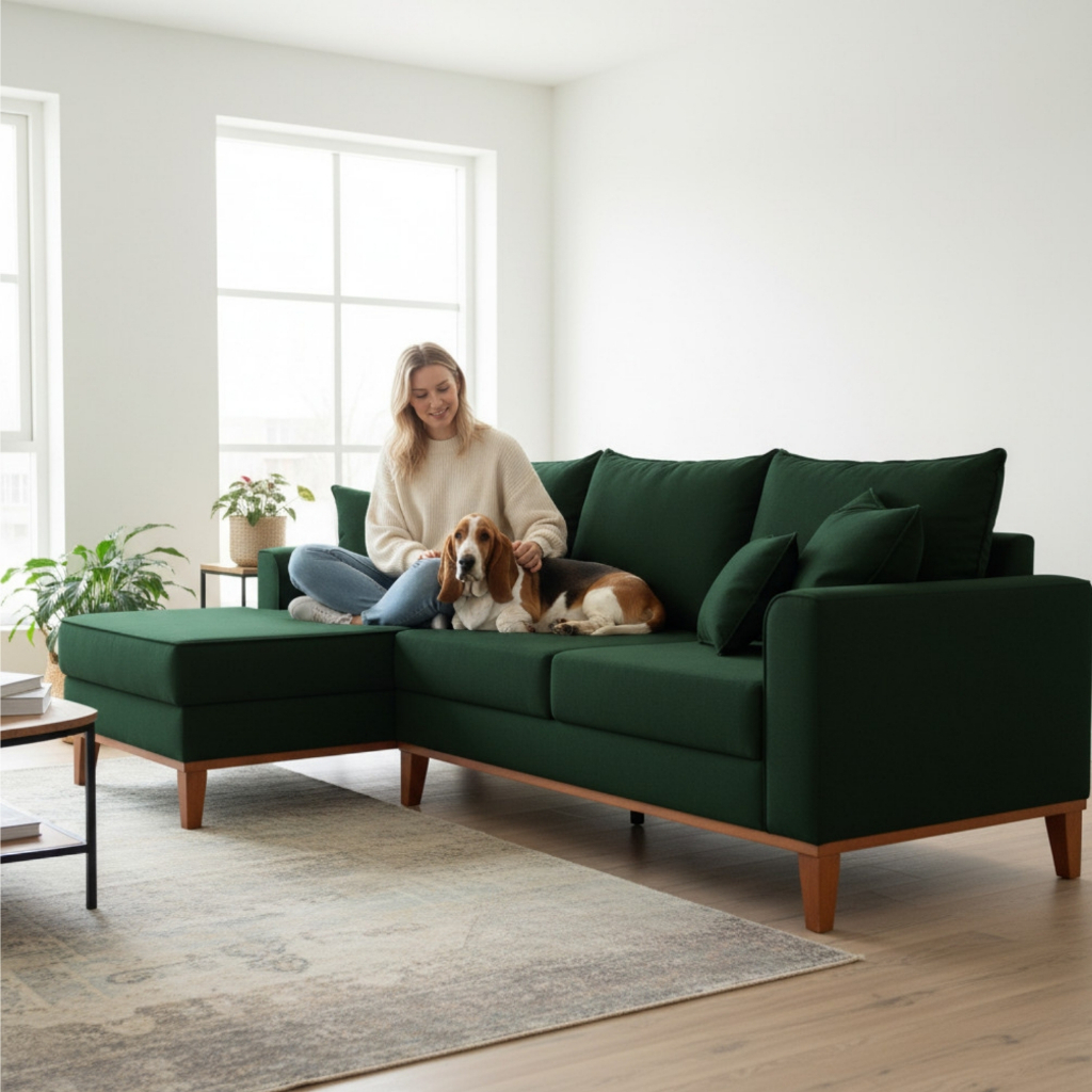 Sofá 3 Lugares Beny com Chaise Esquerdo Suede Verde
