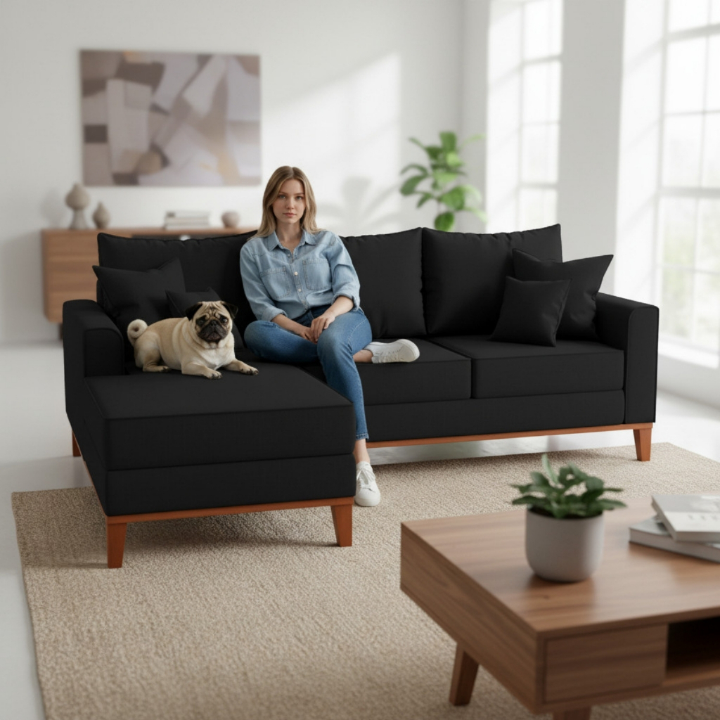 Sofá 3 Lugares Beny com Chaise Esquerdo Linho Preto