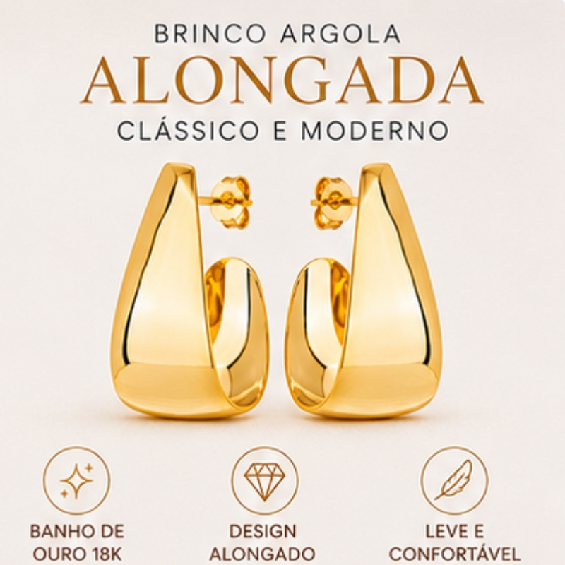 Brinco Argola Alongada Feminina Banhado Ouro 18K Delicado Moderno Sofisticado — imagem 2 de 2
