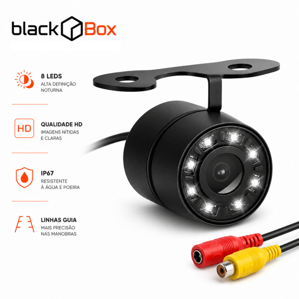 Black Box - Câmera De Re Automotiva 8 Led Hd Infravermelho Visão Noturna Carro