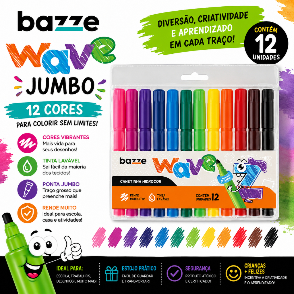 Canetinha Hidrocor Jumbo 12 Cores Bazze Lavável Escolar Estojo Colorido Ponta Grossa Infantil