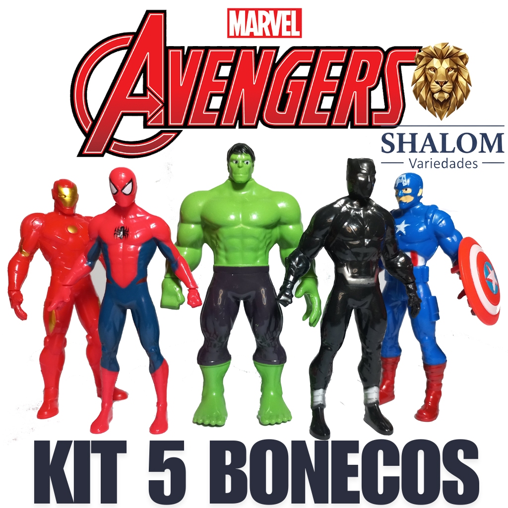 Kit 5 Bonecos colecionáveis Marvel Avengers Homem Aranha Hulk  Capitão América Thor e Pantera Negra