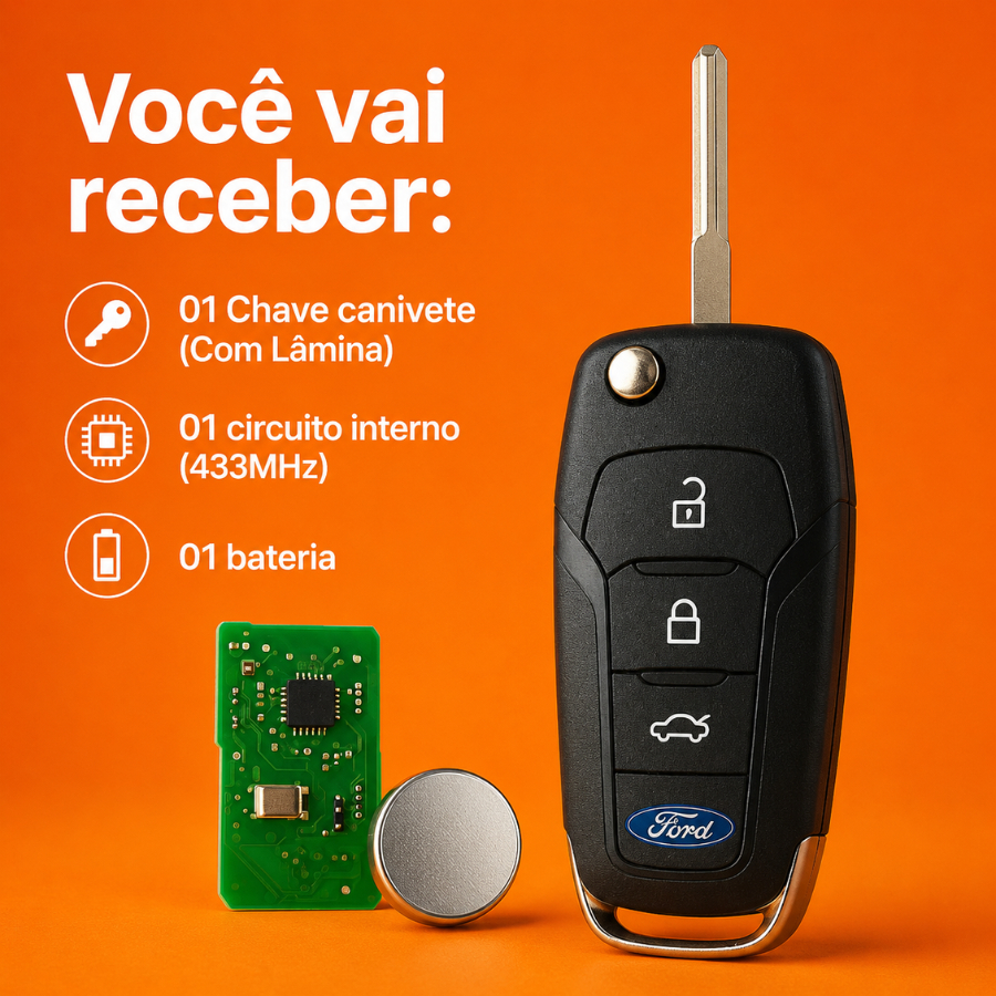 Chave Canivete Ford Ka Fiesta Ranger Eco Sport - Alarme Com 3 Botões Modelo Novo Completo