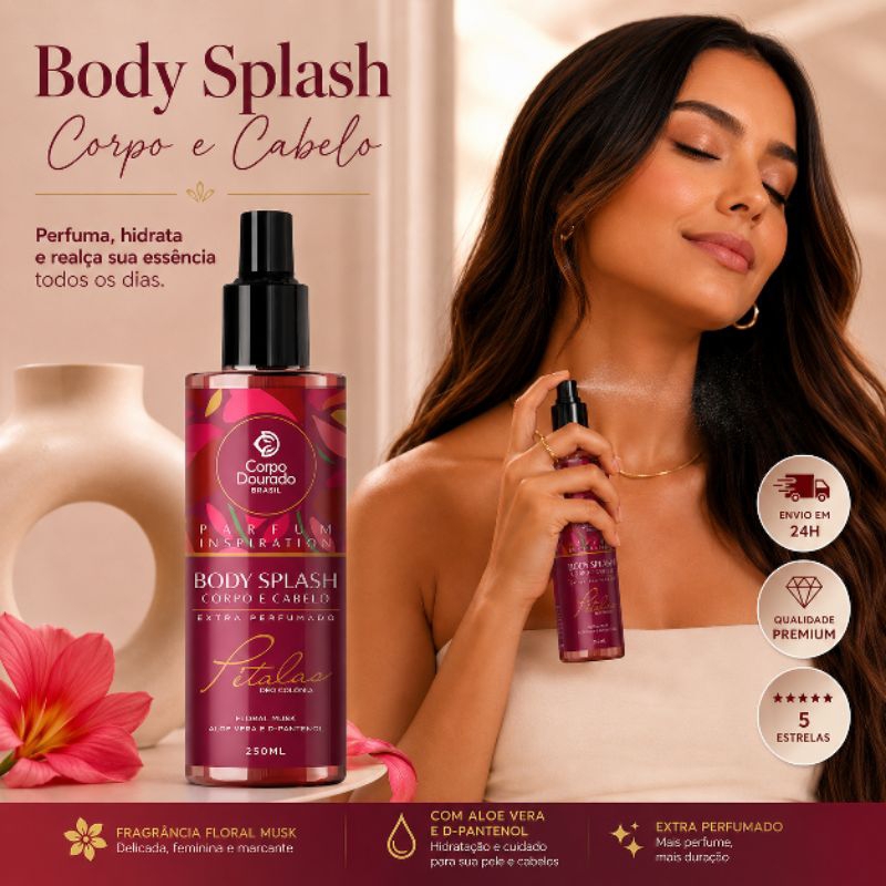 Body Splash Corpo e Cabelo Pétalas 250ml Floral Musk Extra Perfumado Corpo Dourado