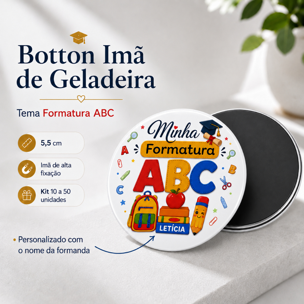 Botton Imã de Geladeira Formatura Abc Personalizado 5,5cm Lembrancinha Infantil Kit 10 a 50 Unidades