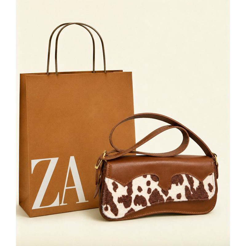 Bolsa Baguete de Ombro Feminina Estampa de Vaquinha Novidade Country