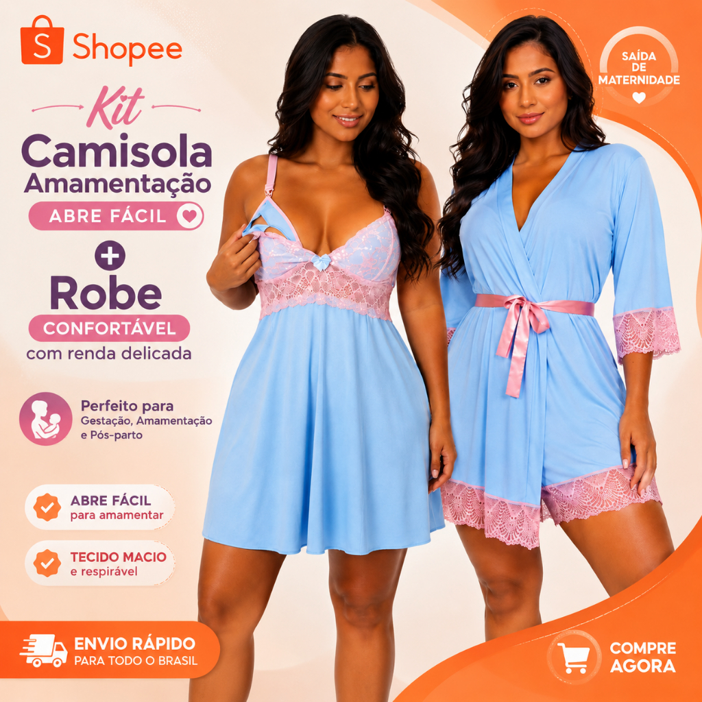Kit Camisola Amamentação Abre Fácil + Robe Luxo Confortável Com Renda Delicada Saída de Maternidade