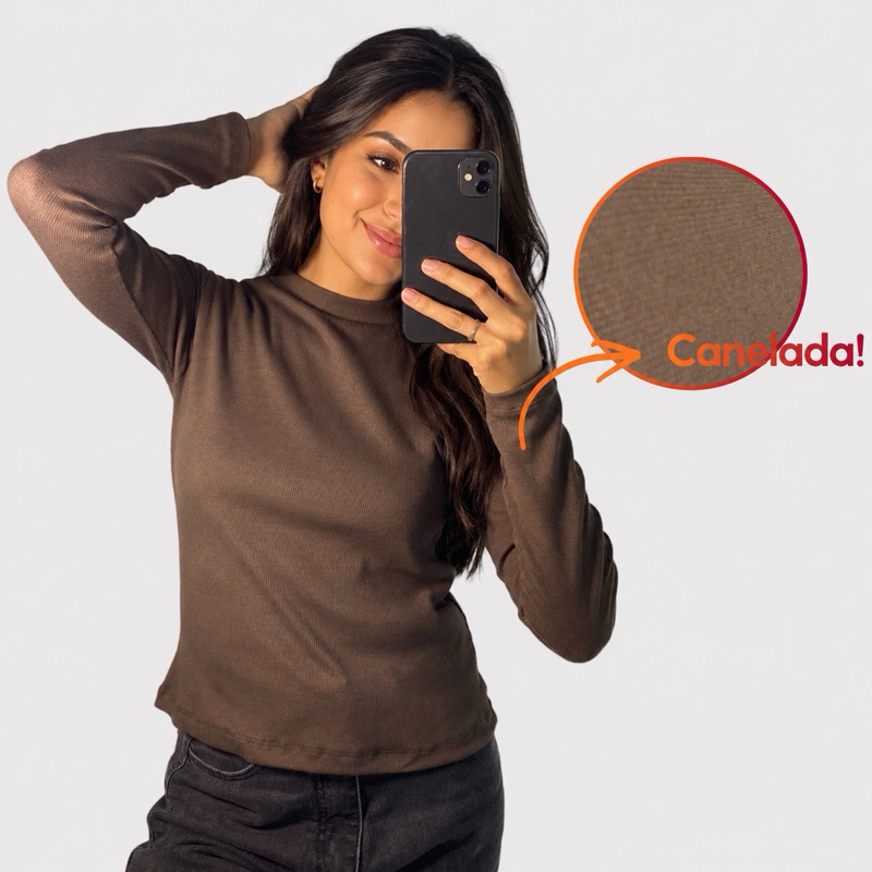 Blusa canelada manga longa feminina algodão