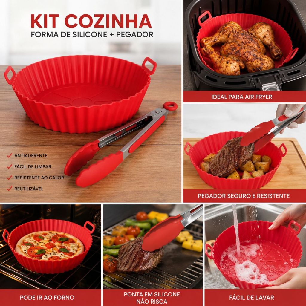 Kit Air Fryer Forma Silicone Vermelha + Pegador Inox Resistente Reutilizável Cozinha Prática