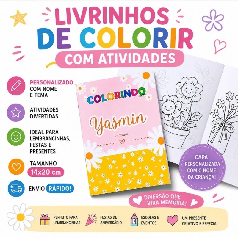 Livrinho de Colorir com Atividades Margaridas Personalizado Lembrancinha de Aniversário Infantil