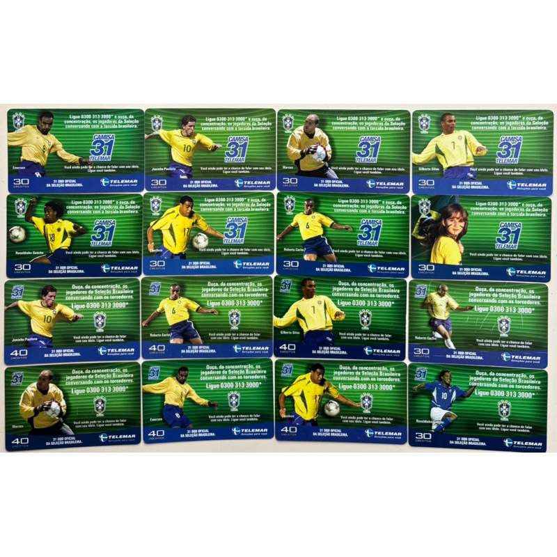 Lote / Série cartões telefônicos Telemar, Cartões da Seleção Brasileira (30 cartões).