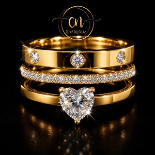Z.W BIJUX - 3 anéis Conjunto de aço titânio cravejados de diamantes Coração