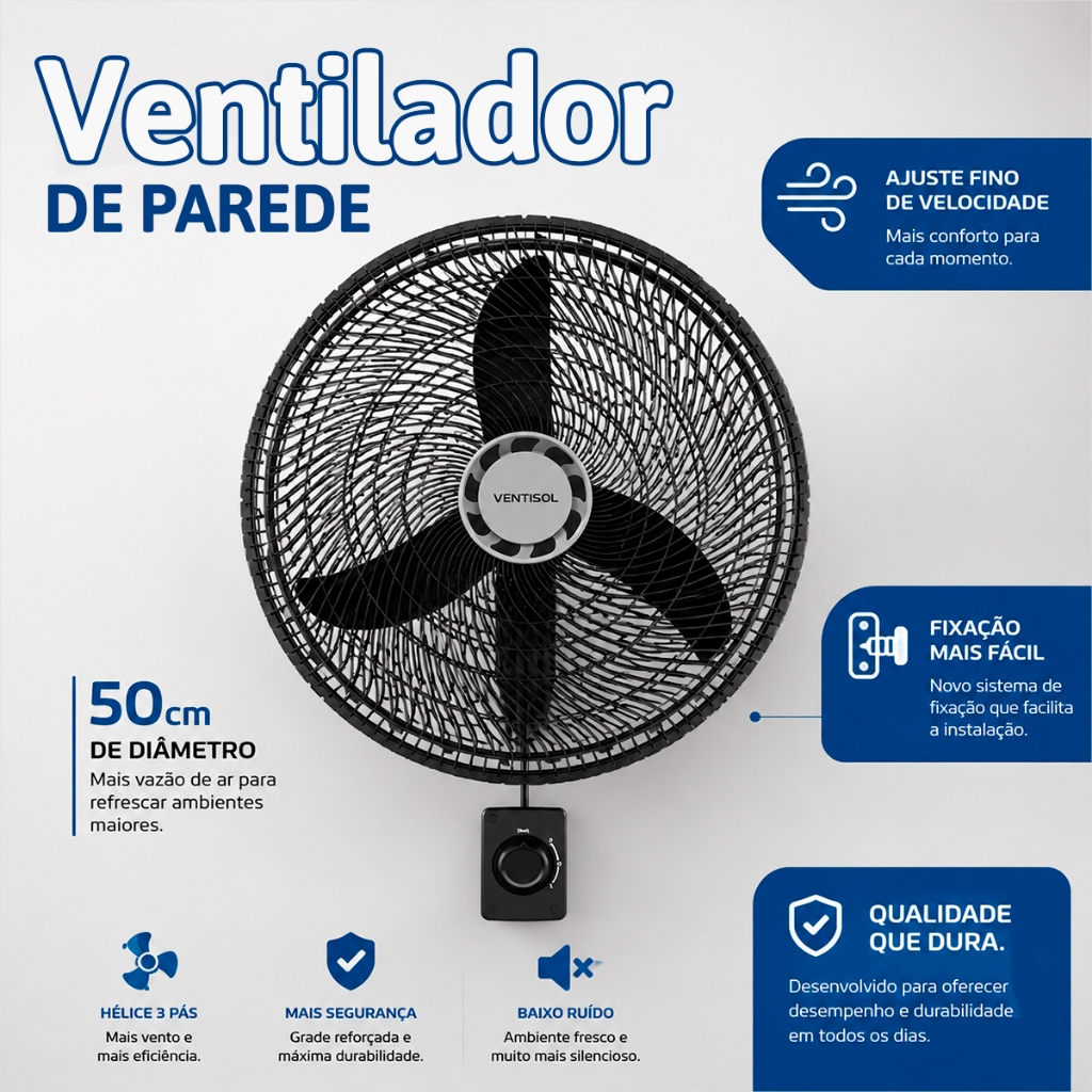 Ventilador de Parede Grande Ventilado Ventisol Ventilador Silencioso Turbo 50cm Ventilador Oscilante