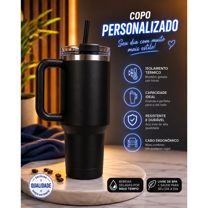 Copo Térmico Personalizado Com Alça Tampa Canudo + Borracha De Proteção Do Fundo E Protetor Canudo Inox 1,2L Garrafa