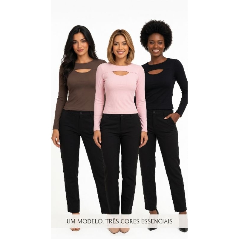 Blusa Manga Longa Viscolycra Manta Com Abertura Frontal Gota Sem Costura Casual Feminina Justinha Slim Premium P M G