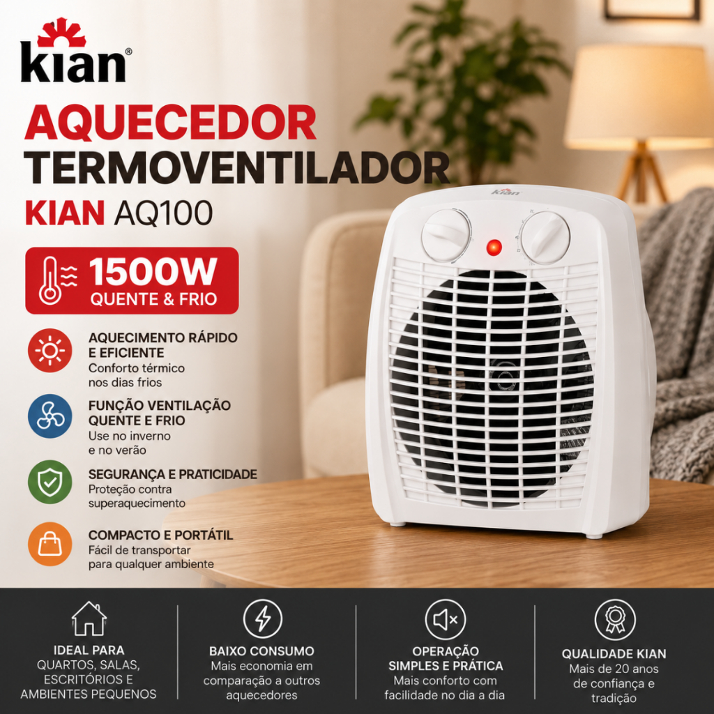 Aquecedor Elétrico Kian AQ100 1500W Quente Frio Portátil Para Quarto 127V