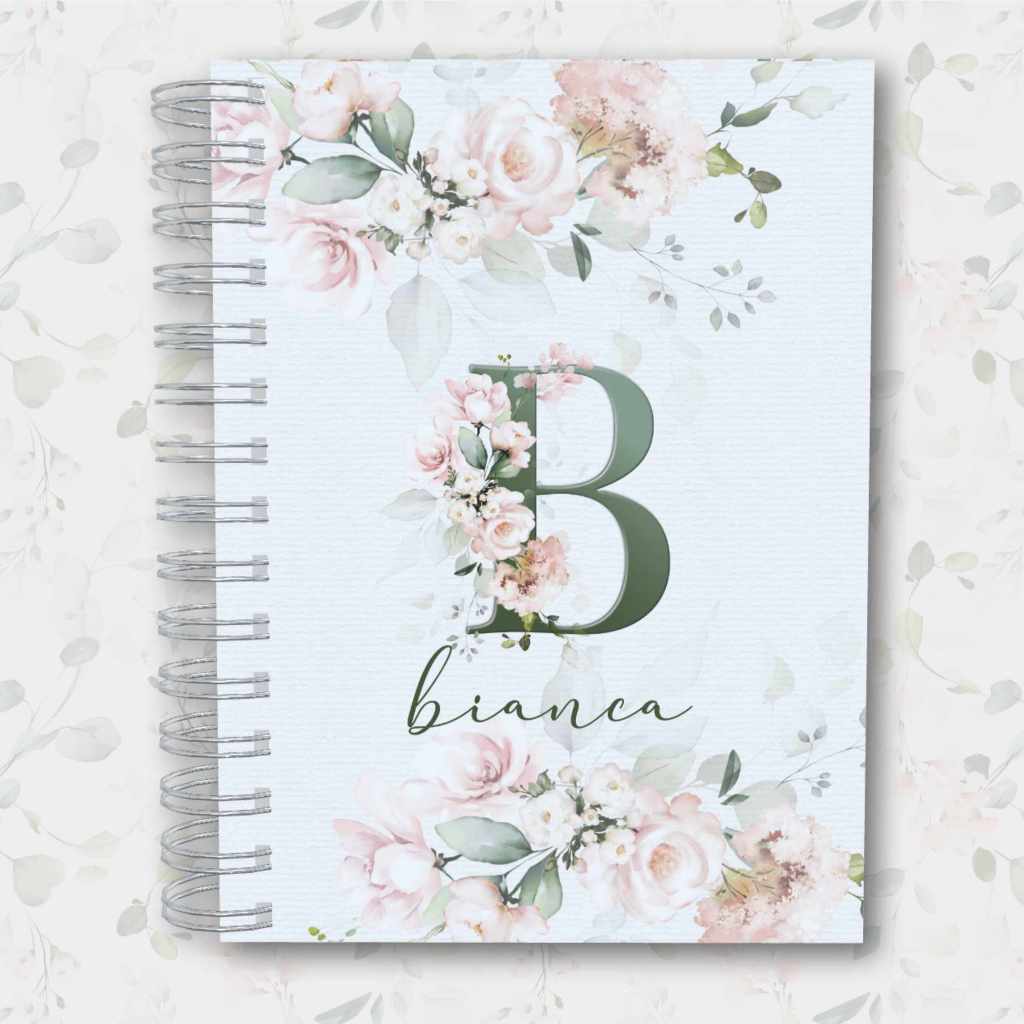 Caderno A5 Floral Rosa Alfabeto Nome Capa Dura