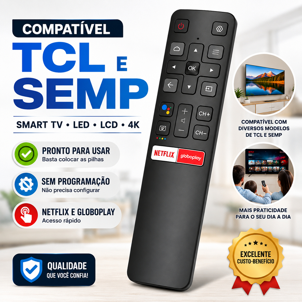 Controle Remoto Compatível Com Smart TV TCL ou SEMP 4K FHD