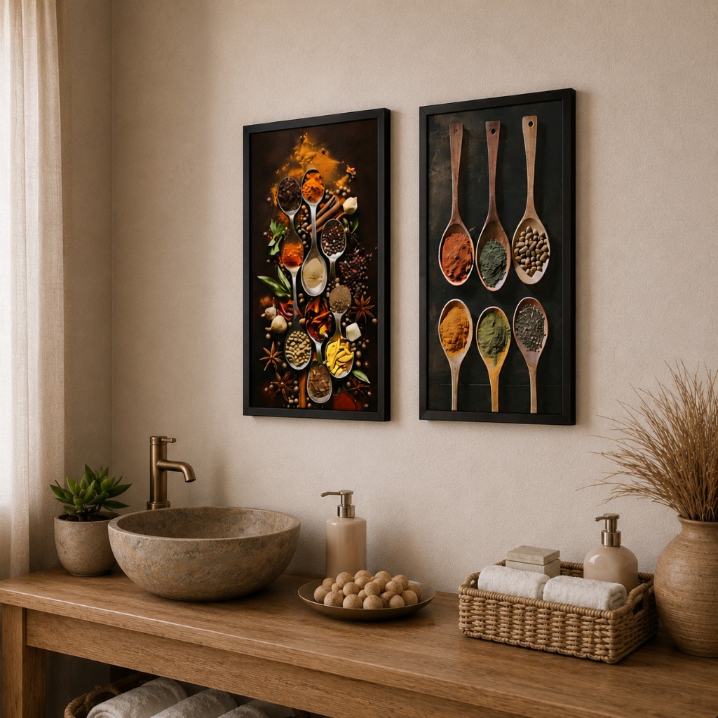 Kit 2 Kit 2 Quadros Decorativos Cozinha com Especiarias Estilo Gourmet Copa, Cozinha, Bistrô, Área Gourmet, Temperos