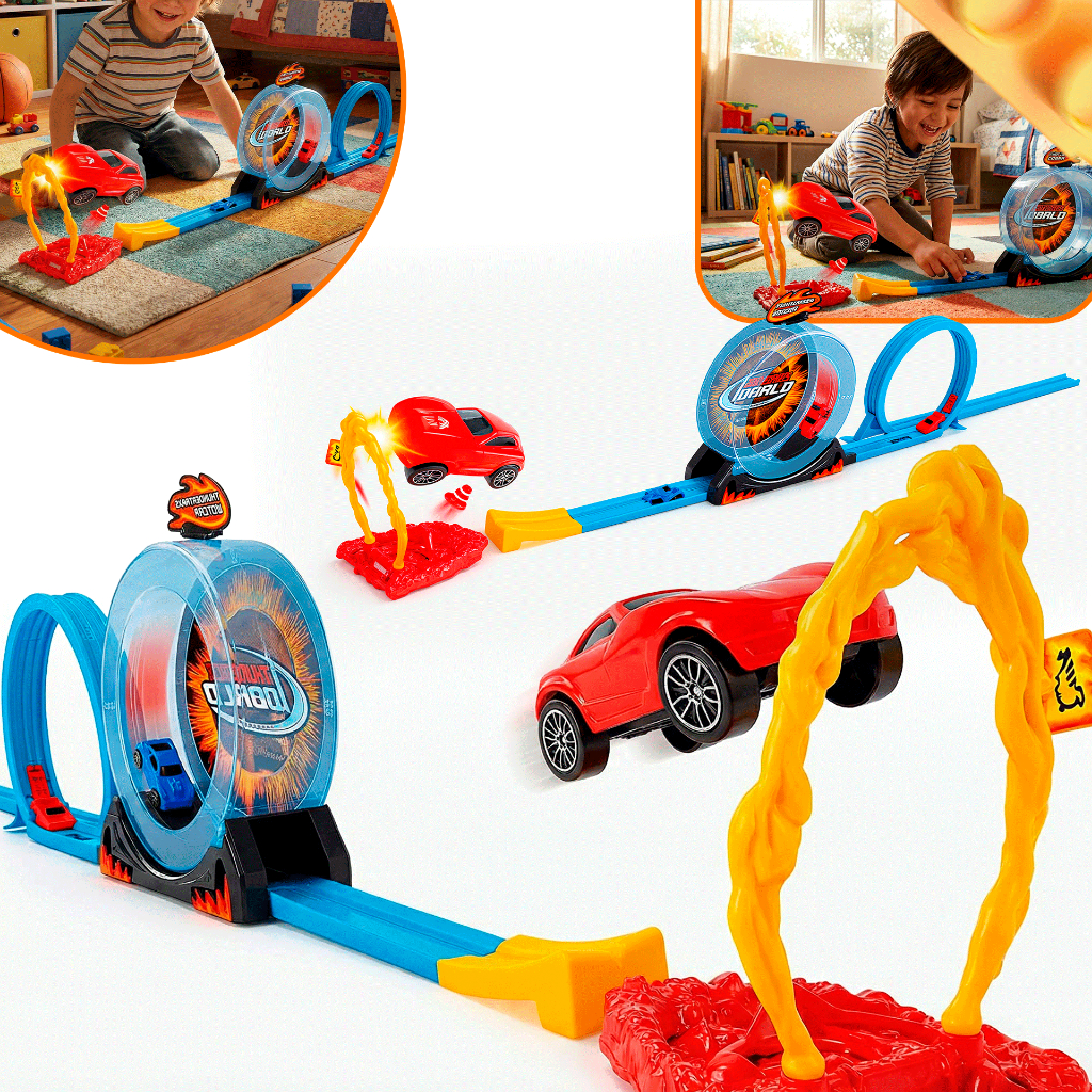 Pista de Corrida Radical com Lançador de Carrinho – Tipo Hot Wheels, 44 Peças - Brinquedo Radical