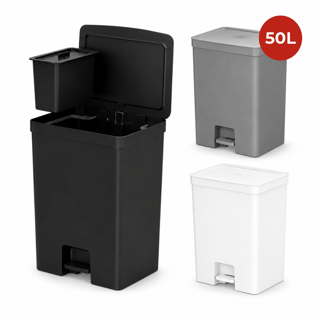Lixeira Com Pedal Linha Trium 46L+ Cesto 4L Removível Para Recicláveis Cozinha Cinza Branco Preto OU