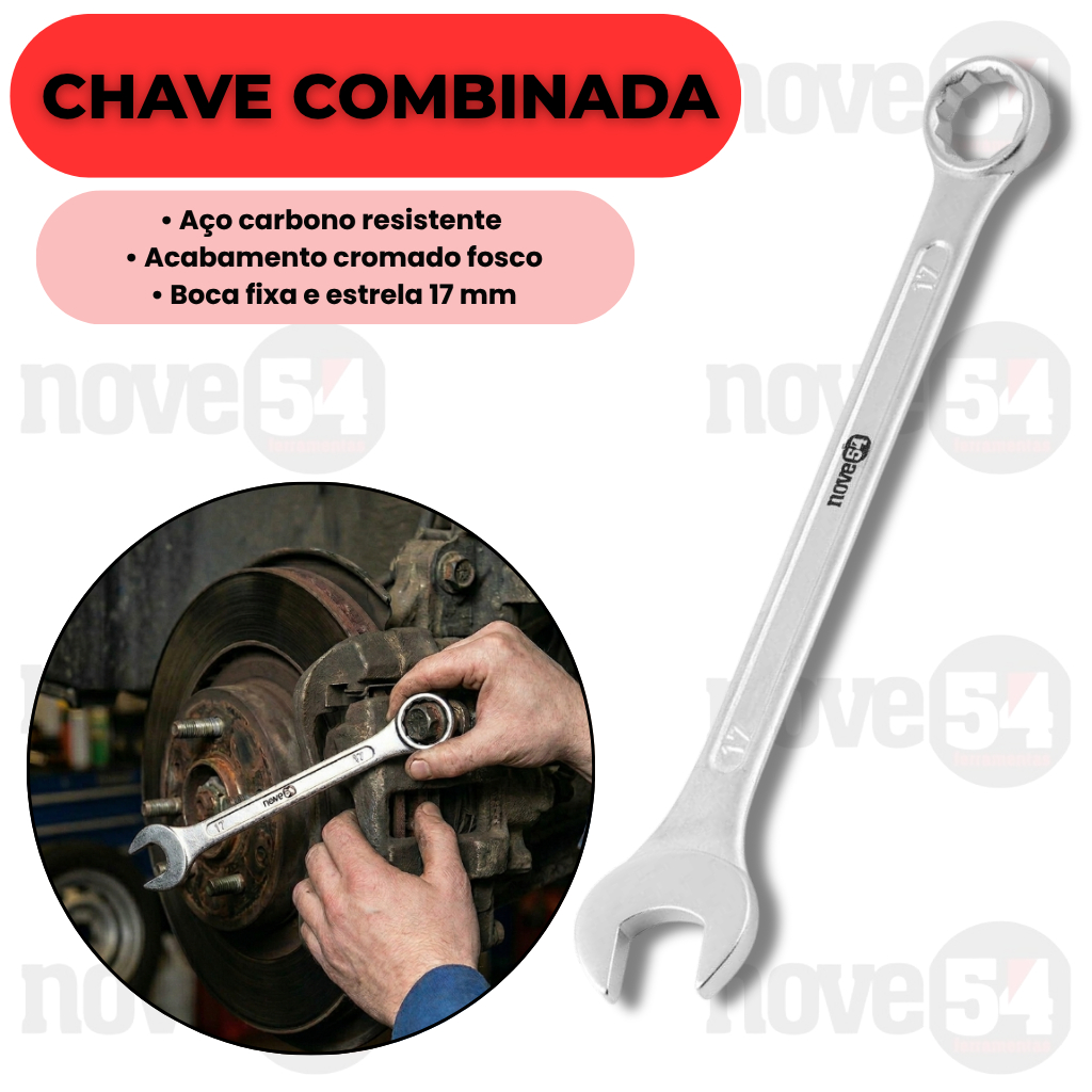 Chave Combinada 17mm Aço Carbono Cromada Fosca Industrial Para Porcas E Parafusos Nove54