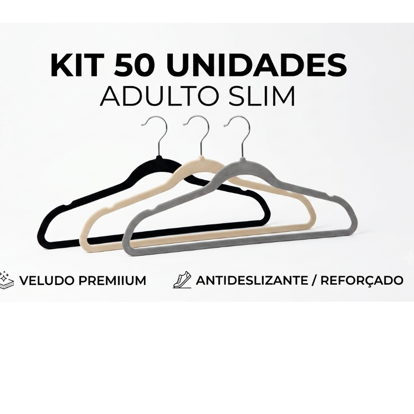 Kit 50 Cabides Reforçados de Veludo Slim Adulto Antideslizante Ultrafino Bege e Cinza e Preto