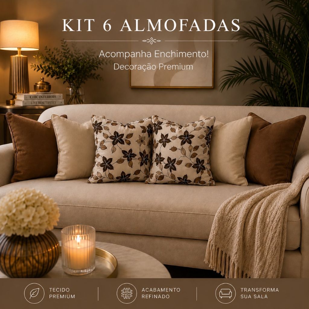KIT c\ 6 ALMOFADAS DECORATIVAS CHEIAS ENCHIMENTO DE ESPUMA SOFT DECORAÇÃO PREMIUN p\QUARTO SALA OU SOFÁ