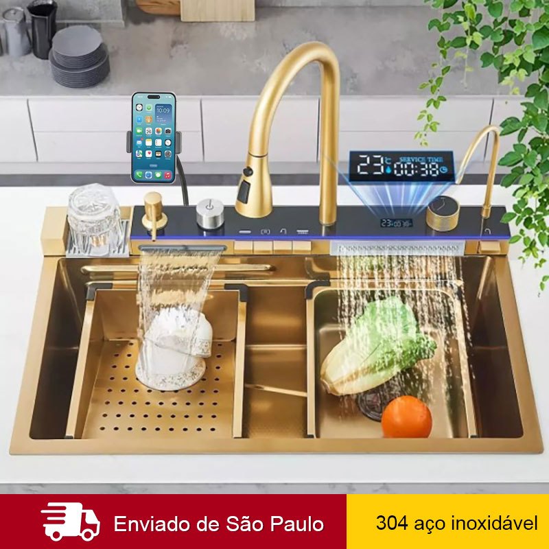 Cuba Cozinha Pia Aço Inox 304 Com Acessórios Cascata Multifuncional Pia Premium Cor Dourado